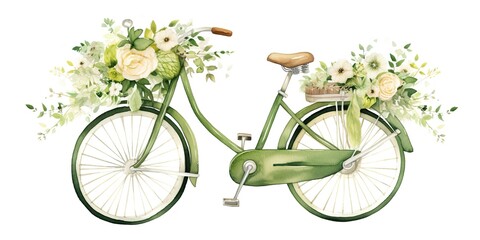 Fototapeta na wymiar Watercolor green bycicle with flowers. Wedding floral bycicle. Green vintage style bycicle in countryside landscape. Farm and countryside element