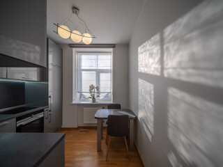KItchen in the modern flat. Light from the window.
