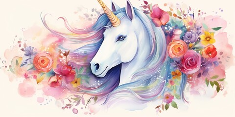 Watercolor unicorn with flowers on white background - obrazy, fototapety, plakaty