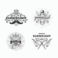 Set of vintage monochrome element barbershop labels. Vector logo design concept. Black color on white background