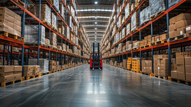 Interior modern logistics warehouse, a hub of supply chain efficiency, racks and pallets of goods, inventory management and storage solutions, transportation, warehouse, logistics management, shipping