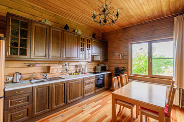 interior kitchen and dining room, refectory area, cooking equipment, table furniture, stove