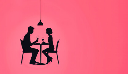 illustration d'un couple dînant au restaurant - illustration noire et rose - obrazy, fototapety, plakaty