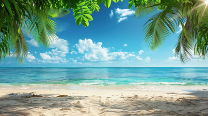 Tropical beach with palm trees during a sunny day A calm and sunny place to rest and dream beach ocean clear clean sand coast beach and tree leaf background - obrazy, fototapety, plakaty