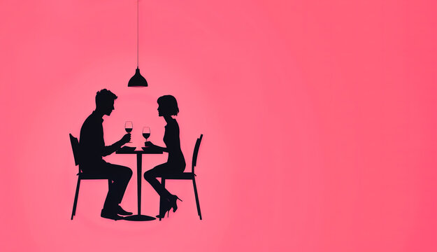 illustration d'un couple d&icirc;nant au restaurant - illustration noire et rose