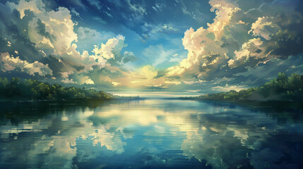 Scenic landscape of water, sky, clouds.
