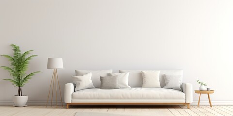 White living room interior with white sofa, space for text, photographic