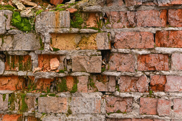 textured background of crumbling red brick wall