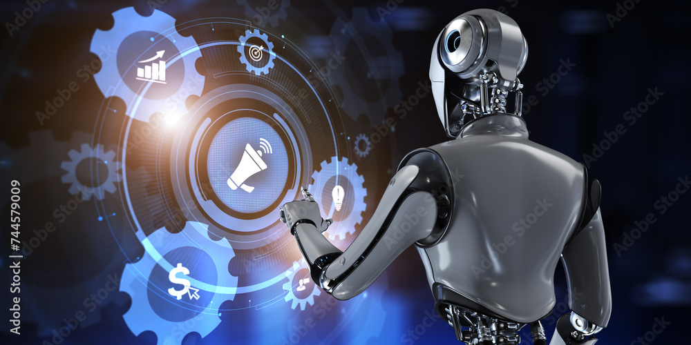 Poster advertising marketing automation technology concept. 3d render robot pressing virtual button.
