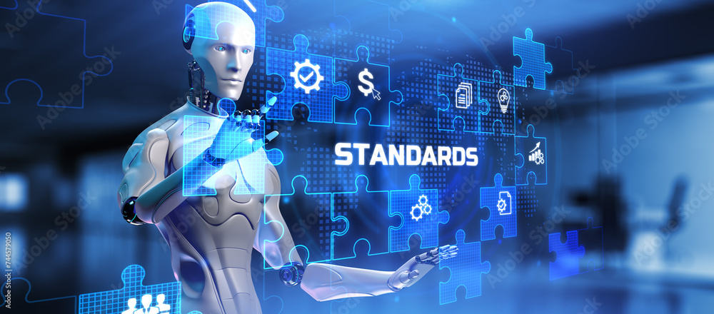 Poster standard quality control certification standardisation. robot pressing button on screen 3d render.