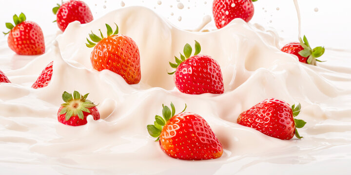 A captivating image of ripe strawberries floating in creamy milk yogurt. The vibrant red of the strawberries contrasts beautifully with the pure white yogurt.
