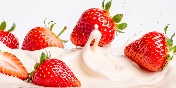 A captivating image of ripe strawberries floating in creamy milk yogurt. The vibrant red of the strawberries contrasts beautifully with the pure white yogurt.