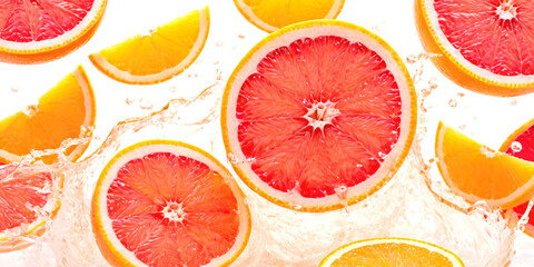 A dynamic display of citrus fruits caught mid-splash. The vibrant oranges and grapefruits, surrounded by droplets of juice and water, exude a sense of freshness and vitality.