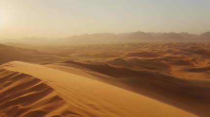 Fototapeta na wymiar An awe-inspiring panorama of the Dammam desert at sunrise, capturing the soft hues of dawn as they wash over the undulating sand dunes. 
