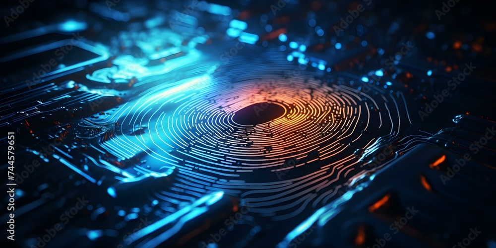 Poster neon cyber technology background with fingerprint safeguarding personal data and security. concept c