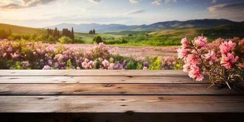 Wood table and flower field background