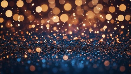 abstract glitter lights as the background. Modify the colors to rose gold and sapphire blue while preserving the de-focused appearance. Display it in a banner format. - obrazy, fototapety, plakaty