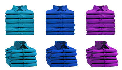 3 Set of pile stack group of folded dark light blue turquoise magenta purple button up long sleeve collar shirt on transparent background cutout, PNG file. Mockup template for artwork graphic design