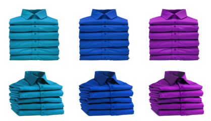 3 Set of pile stack group of folded dark light blue turquoise magenta purple button up long sleeve collar shirt on transparent background cutout, PNG file. Mockup template for artwork graphic design