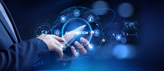 Automation Innovation technology concept. Businessman pressing button on screen.
