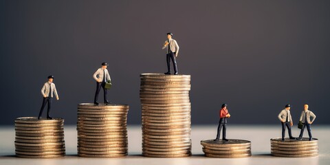 Worker and businessmen miniature figure standing on increasing coins stacking with up arrow and dollar sign for income salary various growth in different position - obrazy, fototapety, plakaty