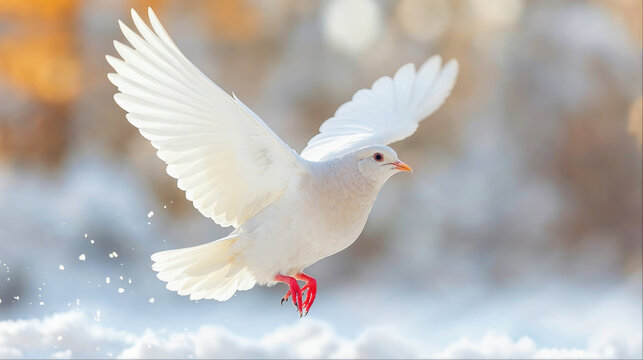 une colombe blanche s'envole sur un fond enneig&eacute; - symbole de paix et de puret&eacute;