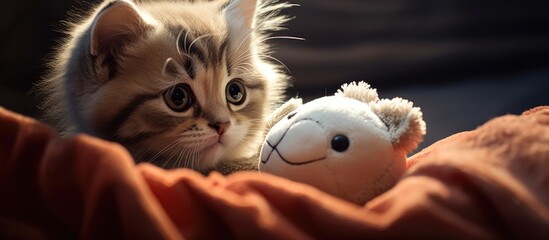 Kitten engaging with a stuffed toy.