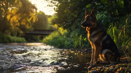 Fotobehang Shepherd dog at the edge of a river © Ghazanfar