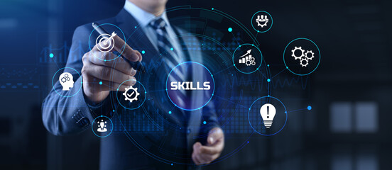 Skills education and personal development concept. Businessman pressing button on screen.