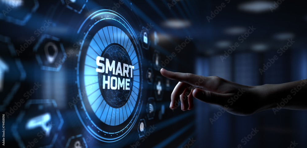 Poster smart home automation wireless control iot internet of things concept. hand pressing button.
