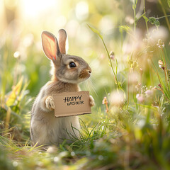 cute rabbit in the spring meadow with a sign for happy easter - 744581044