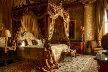 Luxurious Renaissance bedroom with a four-poster canopy bed, rich brocade curtains.