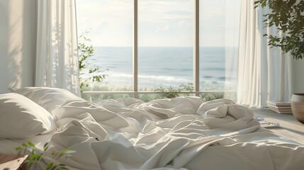 Close-up of a bedroom with disheveled white bedding, offering a view of a serene seascape through a large window