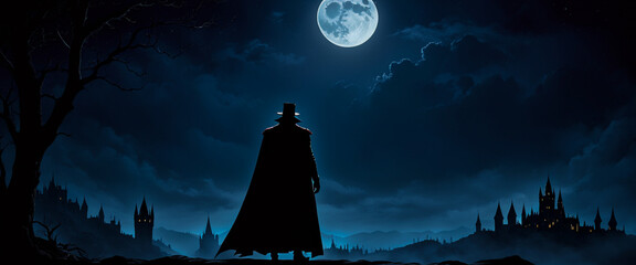 The moon over the castle. A man wearing a fedora and a long cape stands alone in the night sky with a full moon. Illustration of Dracula's back. - obrazy, fototapety, plakaty