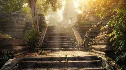 A weathered stone staircase ascending towards the entrance of an ancient temple ruins. - obrazy, fototapety, plakaty