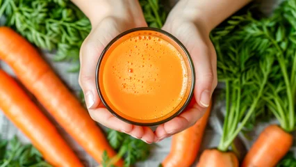 Deurstickers Female hands hold glass with fresh carrot juice against kitchen table with natural young carrots. Healthy food. Concept of vegan or vegetarian diet, detox, organic vegetables and harvest © KRISTINA KUPTSEVICH