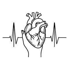 Heart beat with Wave graph pulse. Medicine concept. Continuous single black Lines drawing of doodle hand drawn Heart cardiogram icon Symbol in linear style Vector