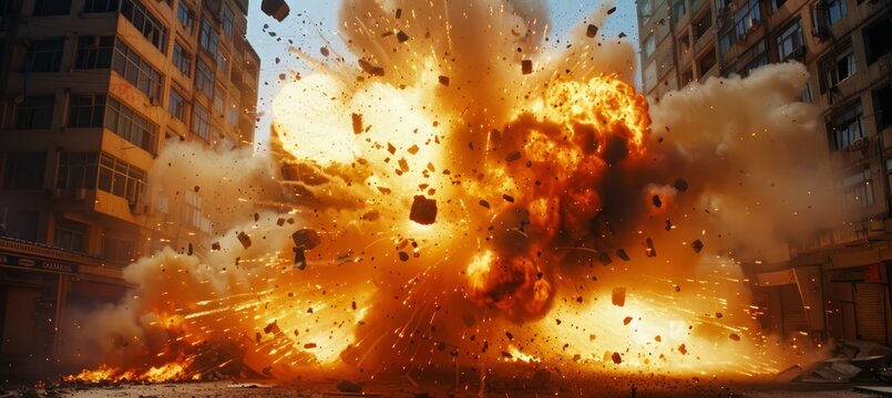 Bomb explosion at city street. Generative AI technology.	
