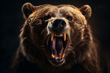 Angry big brown bear with open mouth in forest. Halloween concept - obrazy, fototapety, plakaty