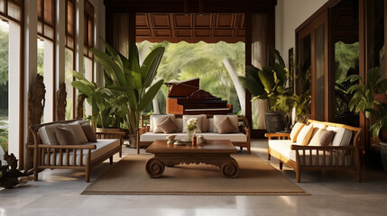 a living room interior with a sofa and a piano. 3d rendering