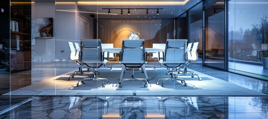 Modern office meeting room with metal tables and chair. Generative AI technology. - obrazy, fototapety, plakaty