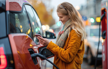Young woman using smartphone online banking application to pay for electric car battery charging from EV charging station