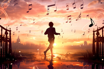 Music cover silhouette runner for running with happiness on orange sunset background. Concept of music lifestyle, happy life, creativity, inspiration, imagination, ad. Design for Music or Video cover - 744583295