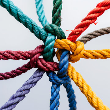Diverse network rope connecting in teamwork, symbolizing strength, unity, and collaboration in a corporate or team setting