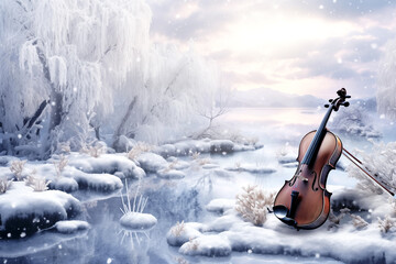 The violin in winter with the snow background, the concept: a song about winter, music on ice, river and snow mountains - 744583419