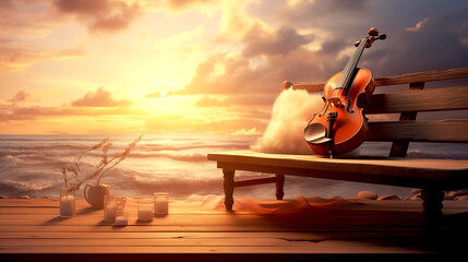 The violin on the wood bench with the sea and sunset background, the concept: a song about summer, music in colors on the beach - 744583439