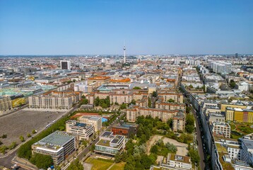The drone aerial view of the television tower （Fernsehturm） and downtown district of Berlin, Germany.