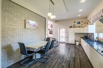 interior kitchen and dining room, refectory area, cooking equipment, table furniture, stove