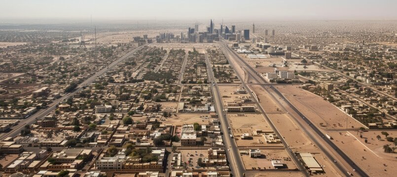 Aerial view a city at desert. Generative AI technology.