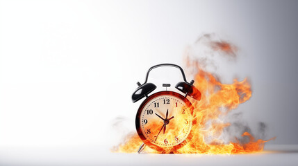 A burning alarm clock on a white background - a symbol of time pressure, deadlines or deadline stress. The flames on the alarm clock indicate a hectic pace, haste and the pressure to complete a task. - obrazy, fototapety, plakaty
